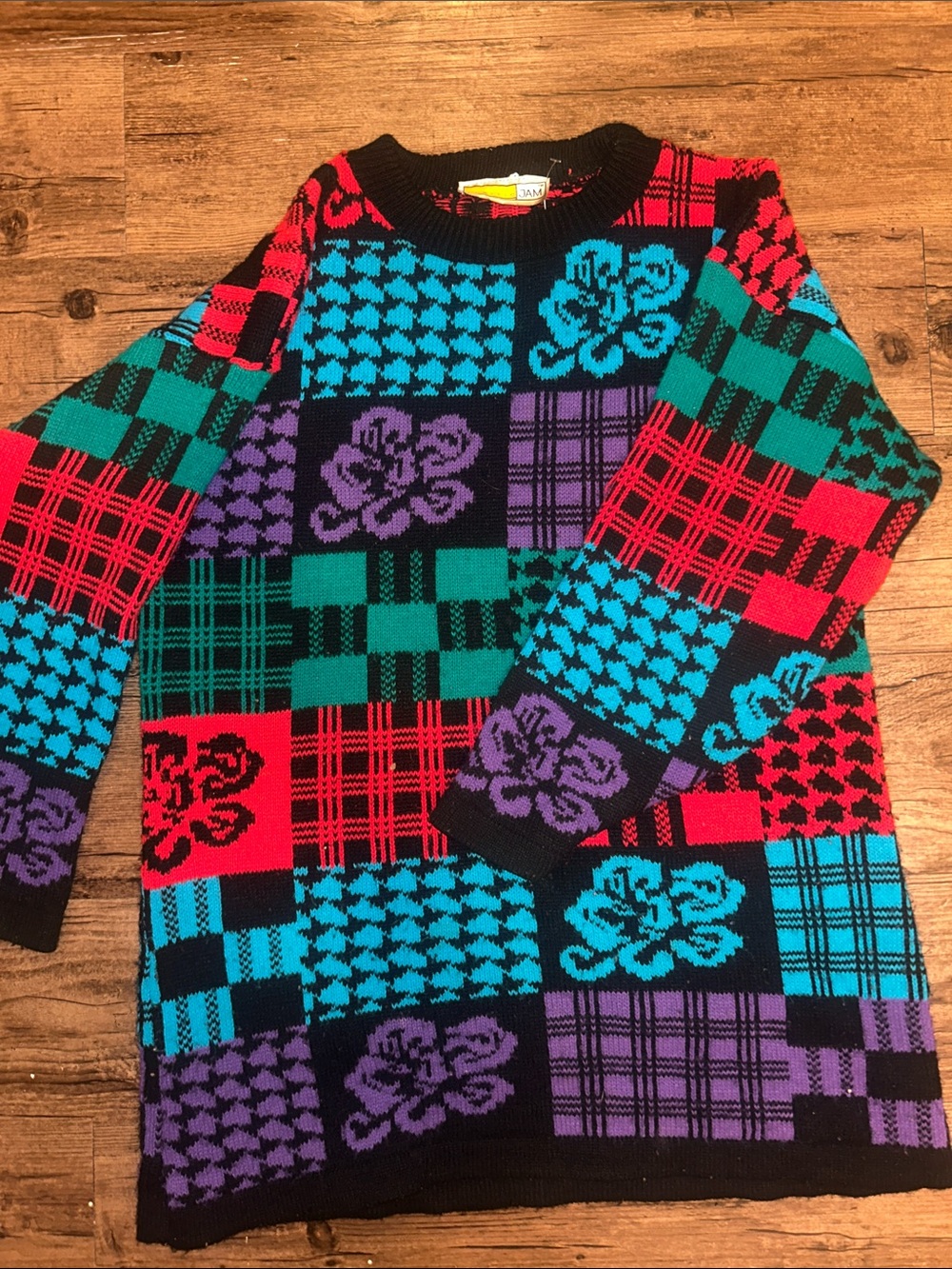 Vintage 80s Traffic Jam Patchwork Geometric Floral Knit Sweater